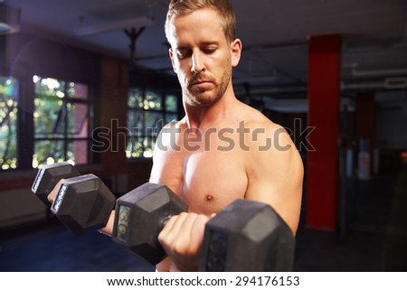 Bare Chested Man In Gym Lifting Hand Weights