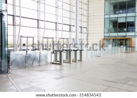 Security gates in the lobby of a large corporate business