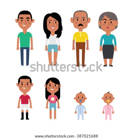 Flat vector hispanic family members. Parents, grandparents, children and baby.