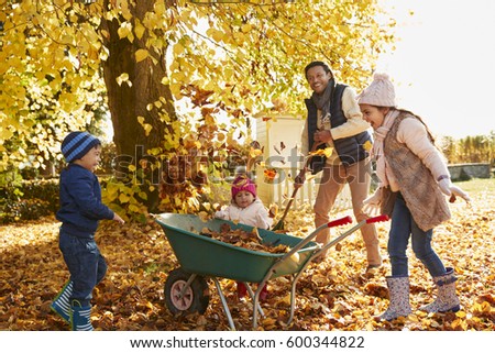 Similar – Image, Stock Photo three wheelbarrows, a rake, a chopper and 2 watering cans are off duty