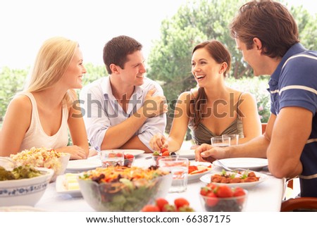 Similar – Image, Stock Photo Young woman eating strawberry dessert in cafe