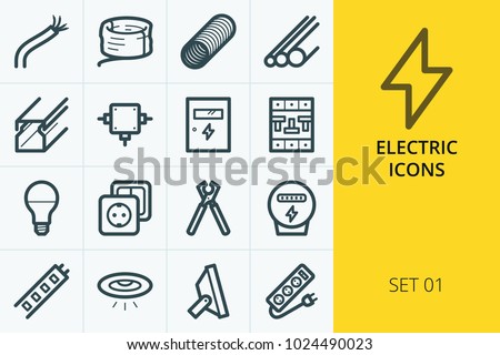 Electric icons set. Set of electric cable, pvc pipes, led lamps and spot lights, relay, electrical products.