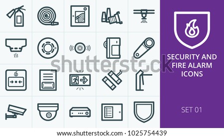 Fire alarm and security systems icons set. Set of heat detector, smoke sensor, motion infrared detector, sprinkler, access control, dome video camera