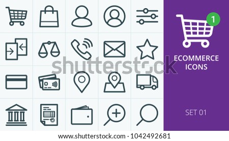 Ecommerce and online store web icons set. Collection of shopping carts, users, phones, payments, delivery, map markers.