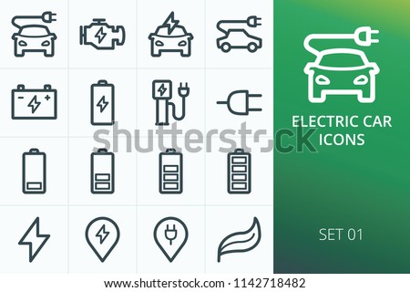 Electric car icons set. Set of electric car, charging cable plug, charging station for e-car, battery levels vector icons