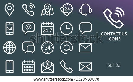 Contact us linear icons set. Set of telephone, contact phone, call us, adress pin marker, date planner, 24 7 hours service, contacts outline icons