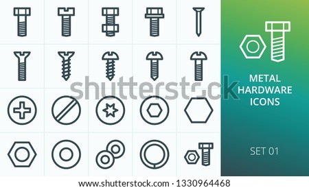 Metal construction hardware linear icons set. Set of screw, bolt, washer, metalware, nut, diy, hexahedron, metal nail isolated vector icons