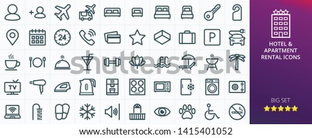 Hotel icons set for website. Set of apartment rental service - inn, hostel, inn, guest house, transfer, travel, rent apartments isolated vector icons