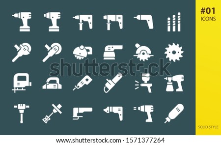 Electric tools solid icons set. Set of electric hammer drill, hand construction mixer, cordless screwdriver, power tools, metal cutter solid vector icons Сток-фото © 