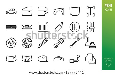 Car parts icons set. Set of car body, car door, fender, hood, grille, brake disk, piston, mats, windshield, wipers, side-mirror, cv-joint, shock-absorber, drive-shaft vector outline icons