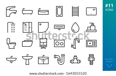Sanitary Ware and Plumbing icons set. Set of bathroom icons, bath tub, heated rail, shower stand, shower stall, shower tray and drain, wash basin, faucet, toilet, kitchen sink,  cabinet vector icon