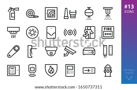 Security and Fire Alarm icons set. Set of smoke detector, fire sensor, sprinkler, powder extinguishing module, fire alarm control panel, firehose, fire extinguisher, cctv camera,  vector outline icon