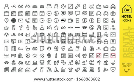 Hotel icons set. Rental property isolated icons. Set of apartment reservation, hotel booking, rent hostel room, airport transfer, room area, flat rent, five-star hotel, service line vector web icon