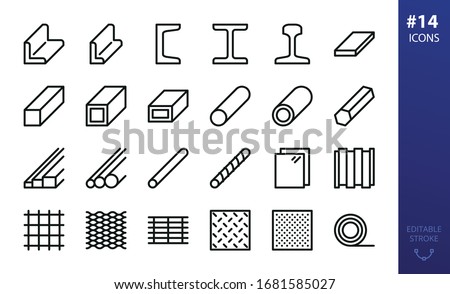 Hot rolled steel outline icons set. Set of metal products, steel angle, channel, rail, i beam, flat metal bar, steel tube, pipe, expanded metal, perforated sheet, bar grating, rebar, wire mesh icon
