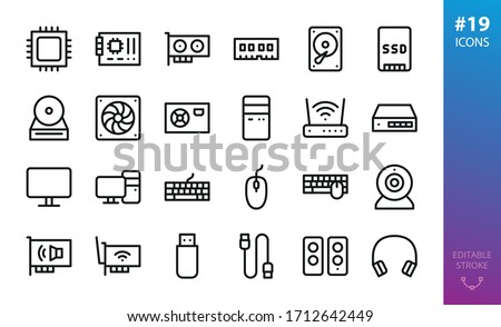 PC Hardware isolated icons set. Set of CPU, motherboard, video graphics card, RAM, HDD, SSD, PC case, wifi router, ethernet switch, desktop computer, mouse, keyboard, webcam  outline vector icon