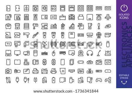 Appliances and electronics isolated icons set. Set of refrigerator, washing machine, cooker, gas stove, kettle, slow cooker, vacuum cleaner, kitchen processor, fitness bracelet, smart watch, tv icon