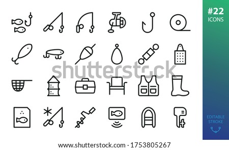 Fishing equipment isolated icons set. Set of fishing rod, spinning reel, lures,  inflatable boat, rubber boots, outboard motor, fish net, winter fishing, tackle box, swivel outline vector icon