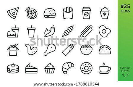 Fast food isolated icons set. Set of pizza slice, burger and drink, chicken legs and wings, mexican taco, gyros kebab, pita, pancakes, dessert, asian noodle box, french fries, hot coffee vector icon