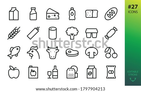 Food and grocery store icons set. Set of gastronomy food, kefir pack, milk bottle, cow head, meat steak, crisps, snacks, wheat bread, loaf, tea bag, coffee pack, apple juice isolated vector icon