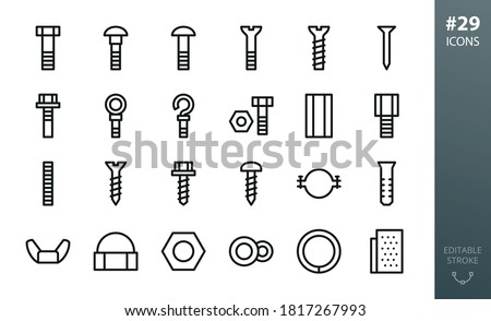 Metal Construction Hardware icon set. Set of bolts, nuts, screws, lock washer, pvc dowel, pipe clamp, roofing screw, steel ring anchor bolt, furniture euro screw, metal nail isolated vector icons Photo stock © 