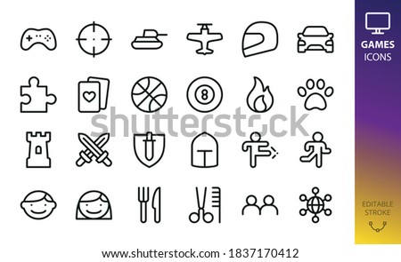 Game categories isolated vector icons. Set of shooter, tanks, race, puzzle, cards, sport, tower defense, rpg, mmo, 2 players, fighting, platform, runner, billiard, cooking, strategy, airplane games