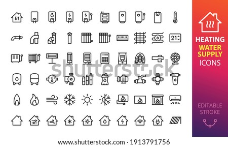 Home heating, cooling and water supply system isolated icon set. Set of heating boiler, electric water heater, solid fuel boiler, air conditioning, oil radiator, coaxial chimney pipes vector icons 商業照片 © 