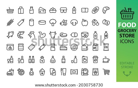 Supermarket grocery store isolated icons set. Set of milk, cheese, eggs, bread, meat, fish, vegetables, fruits, berries, nuts, alcohol, tea, coffee, sweets, full grocery cart vector icons