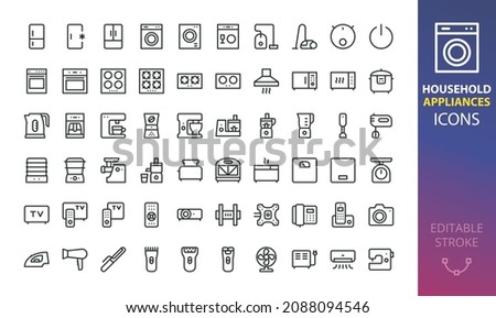 Household appliances and electronics isolated icons set. Set of refrigerator, freezer, washing machine, tumble dryer, dishwasher, cooker, hob, gas stove, kitchen hood, coffee machine vector icons