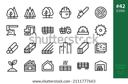 Forest Industry and Forestry isolated icons set. Set of wooden planks warehouse, forestry helmet, log loader, logging truck, timber trailer, sawmill, lvl, glued beam, wood drying vector icon Stockfoto © 