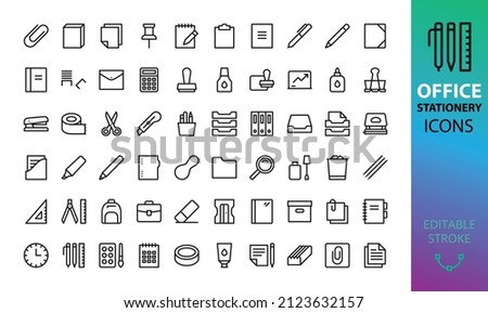 Stationery Items and Office Supplies isolated icons set. Set of paper clip, adhesive tape, stapler and staples, plastic folder, documents, scissors, stationery glue, stamp ink, sticky note vector icon