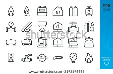 Natural gas isolated icons set. Set of gas production plant, flame, LPG cylinder, home gasification, pipeline, gas alarm detector, valve, heater, house heating, wagon, carrier, counter vector icon.