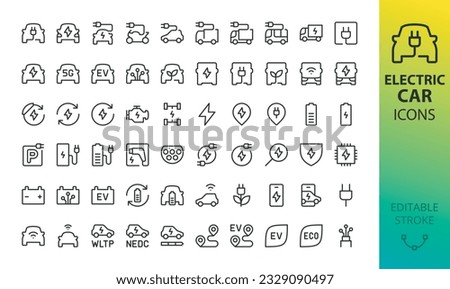 Electric car icons set. Set of electric vehicle charging station, EV plug, electric truck, bus, motorcycle, WLTP and NEDC EV range, energy recovery, smart e car, autopilot, eco transport vector icon.