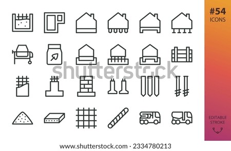 House foundation isolated icons set. Set of formwork, concrete piles, iron screw pile, monolithic strip foundation, reinforced concrete plate, cement, steel rebar, slab, cement bulk truck vector icon