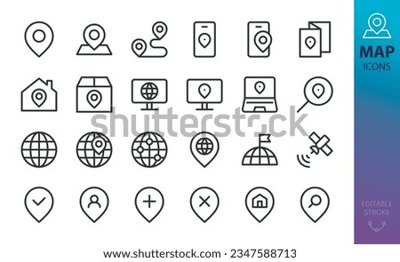 Map and location icons set. Set of map pin, home location, address, tracking mobile app, location search, wrong place, path, way, globe position, satellite geolocation isolated vector icon
