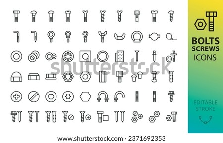 Screws, bolts and nuts isolated icons set. Set of fasteners, bolt, nut, twinfast screw, washer, plastic dowel, nail, metalware, metal construction hardware, rivet vector icon