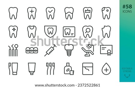 Dentistry and dental clinic isolated icons set. Set of dentist tools, dental implant, tooth, crown, broken tooth, caries, teeth braces, anesthesia, dentist chair vector icon with editable stroke