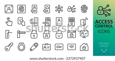 Access control isolated icons set. Set of face id, biometric identification system, smart electronic lock, keypad door, turnstile, barrier, magnetic key, mobile app authentication vector icon