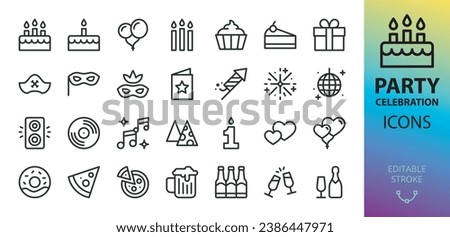 Party isolated icons set. Set of happy birthday celebration, cake, fireworks, heart balloons, party speaker, number candle, pirate hat, carnival mask, gift box, disco ball, beer mug vector icon