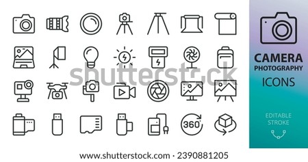 Camera and photography isolated icons set. Set of camera lens, tripod, studio backdrop roll, lights stand, studio fan, memory card, action camera, stabilizer, 360 degrees panorama vector icon