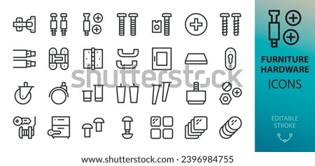 Furniture fittings hardware isolated icons set. Set of carpenter fasteners, cabinet door hinge, felt furniture pads, drawer slides, table top, kitchen facade, caster wheels vector icon