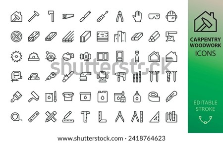 Carpentry and woodworking tools icon set. Joinery tools and materials vector icons wth editable stroke.