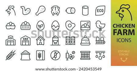 Poultry farm isolated icons set. Set of chicken coop, eggs, feed bin, feed and feeders, chick, poultry drinking, incubator for hatching eggs, henhouse, chicken carcass, wings, legs vector icons