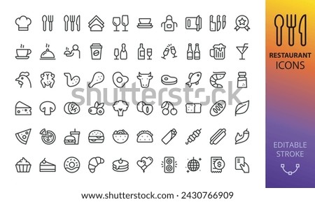 Restaurant isolated icons set. Set of restaurant food, chef hat, alcohol, seafood, lunch, continental breakfast in hotel, cafe dessert, coffee, steak, waiter vector icons with editable stroke