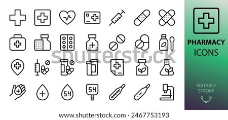 Pharmacy isolated icons set. Set of drugstore, heart pulse, syringe, medical patch, tablets and pills, cough syrup, prescription, glucose meter, thermometer, capsule, firs aid kit vector icon