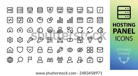Hosting Panel UI Icons. Set of web server, cloud storage, ftp server, ssl, hosting settings, account, antivirus, admin control panel, server cluster, networking vector icon with editable stroke