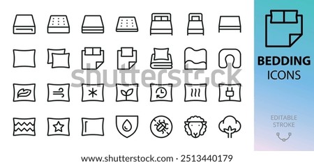 Bedding isolated icons set. Set of orthopedic mattress, double bed, bed base, bed linen, memory foam pillow, decorative pillows, pillowcase, mattress topper vector icon with editable stroke