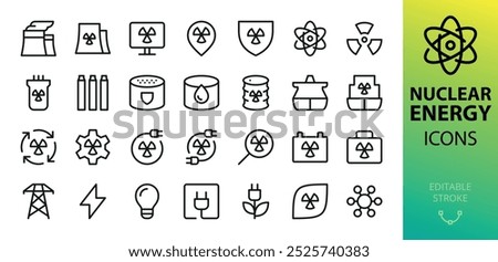 Nuclear energy isolated icons set. Set of nuclear power plant, graphite rods, small modular nuclear reactor, atomic research, generating electricity, atomic battery vectro icon with editable stroke