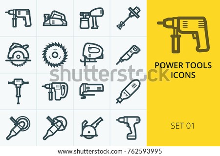 Power tools icons set. Set of electric drill, power planer, electric saw, grinder tool Сток-фото © 