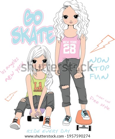 cute girl T-shirt Graphics. vector. girl pattern.   girl illustration . Fashion and skate girl
