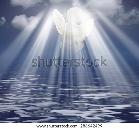Angel in Sky Clouds with Rays of light. Religion concept